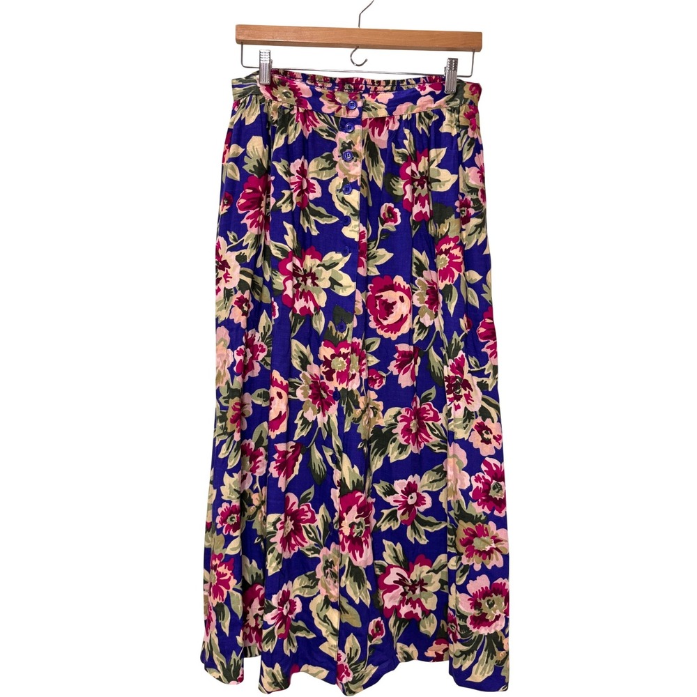 Vintage 90s Floral Maxi Skirt Button Front L Spring Easter Cottage‎ Botanical